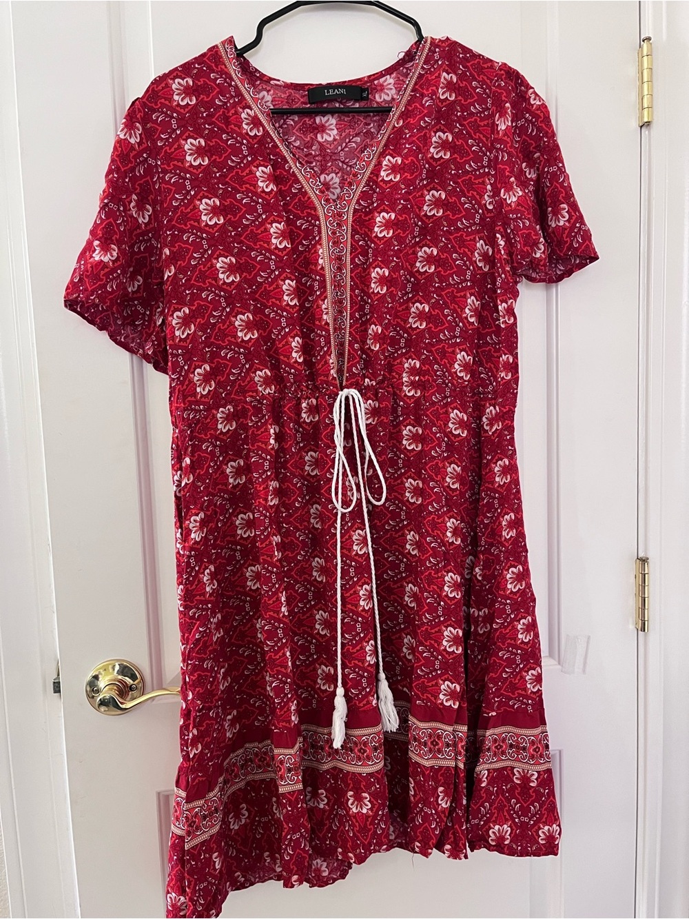 Leani XL Red Boho Print Dress with Tie Waist